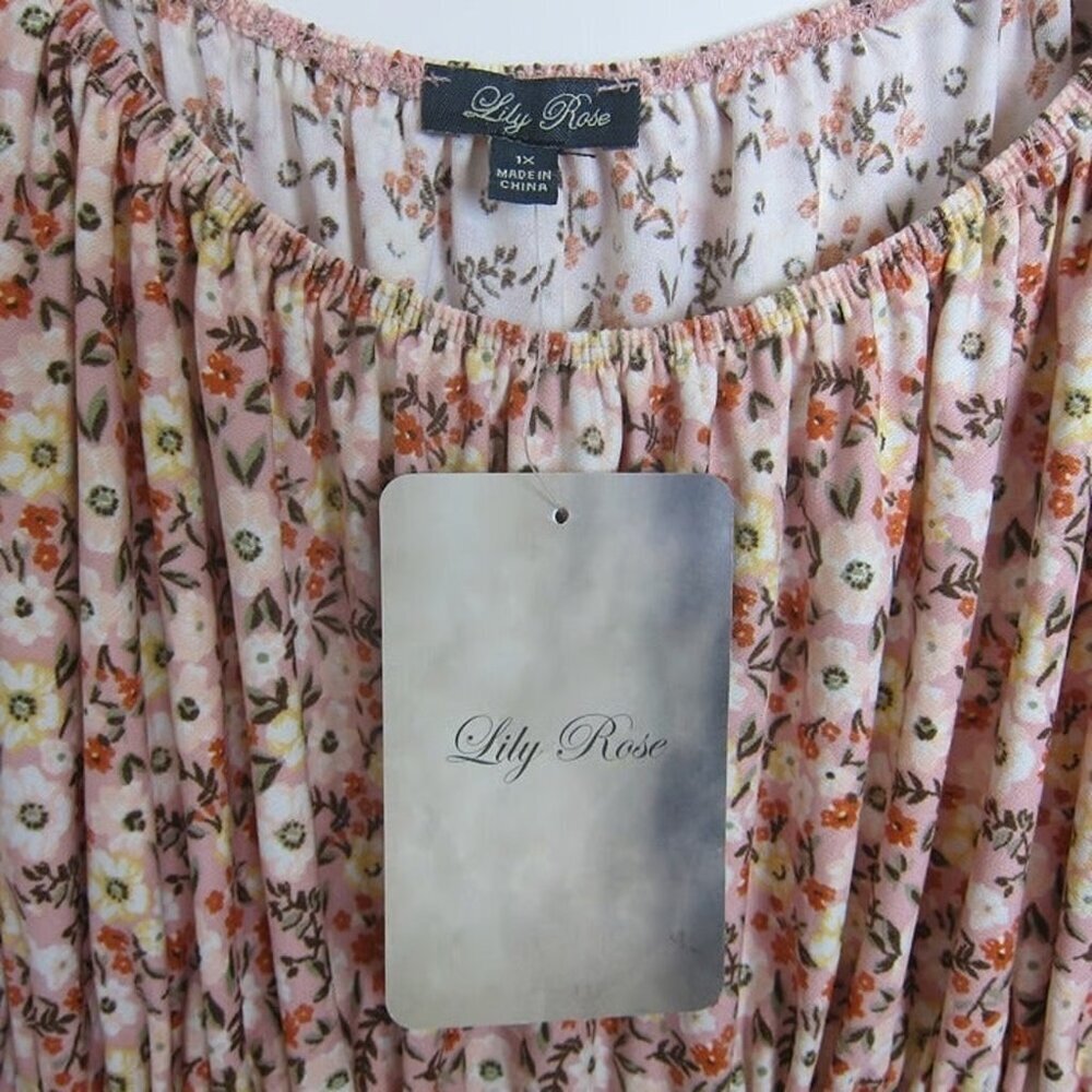 Lily Rose Smocked Babydoll Pink Floral Dress 1X NWT Ruffle Sleeves Cottagecore - Picture 4 of 10